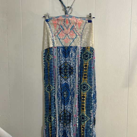Colorful Boho Maxi Dress- Empire Waist, Crochet Lace Detail, Halter Ties- Size L - Picture 2 of 9
